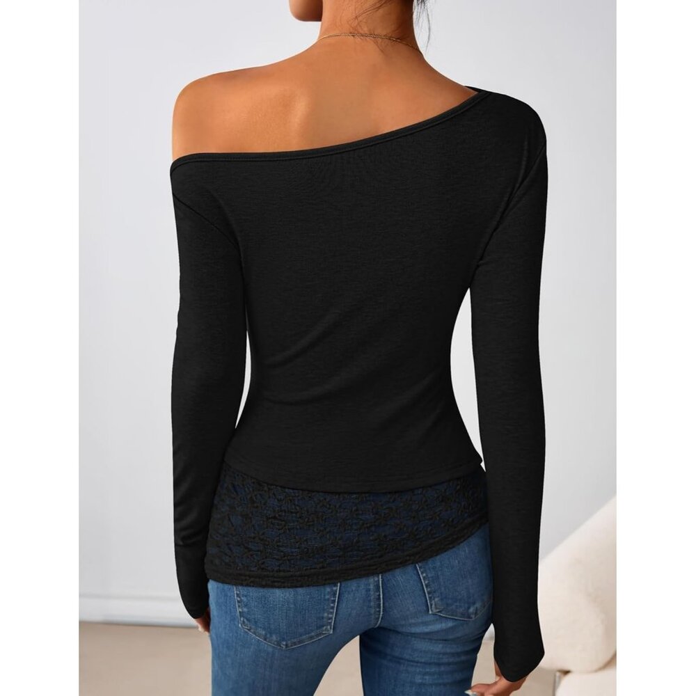 Women Black Long Sleeve Off Shoulder Tops Casual Boat Neck Lace Shirts Blouses - Picture 2 of 5